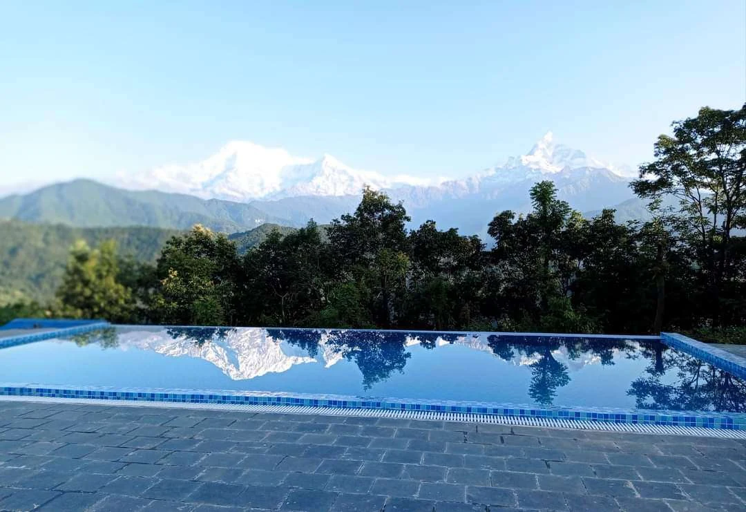 Swimming pool at Himalayan Deurali Resort in Naudanda, Dhikurpokhari, Pokhara.
