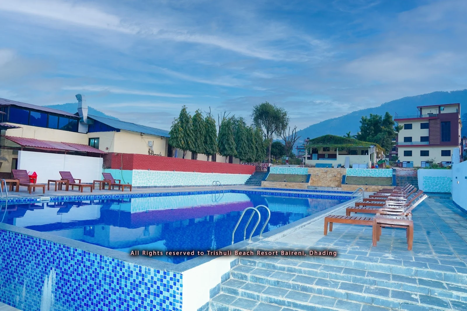 Swimming pool at Trishuli Beach Resort in Baireni, Galchi-6, Dhading.